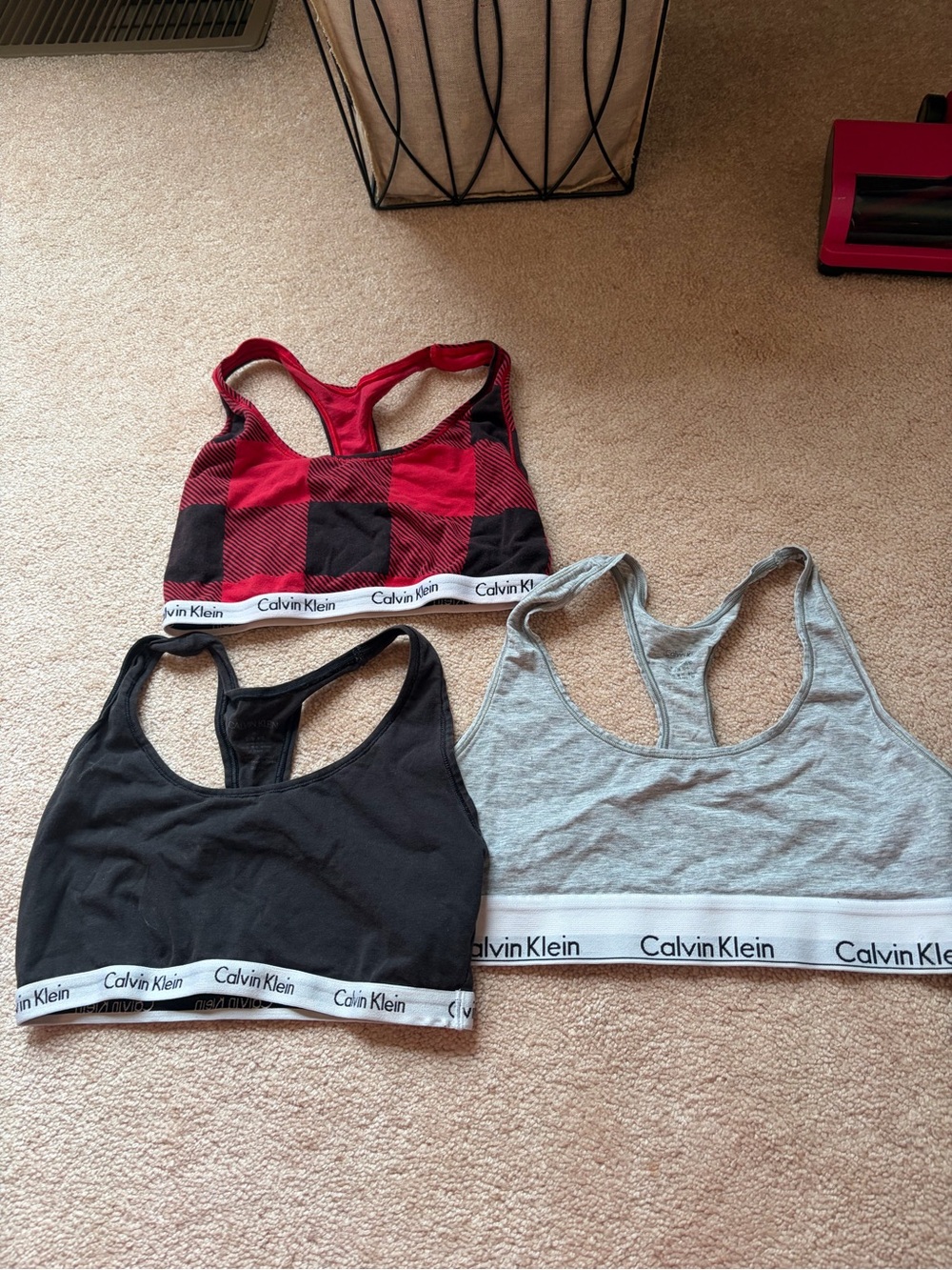 Calvin Klein Women's Triple Racerback Bralette Set - Red Plaid, Black, Gray